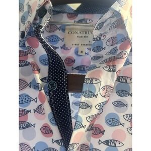 CON.STRUCT Men's Medium Slim Fit 4 Way Stretch Fishes Button-Up Shirt Blue Slim